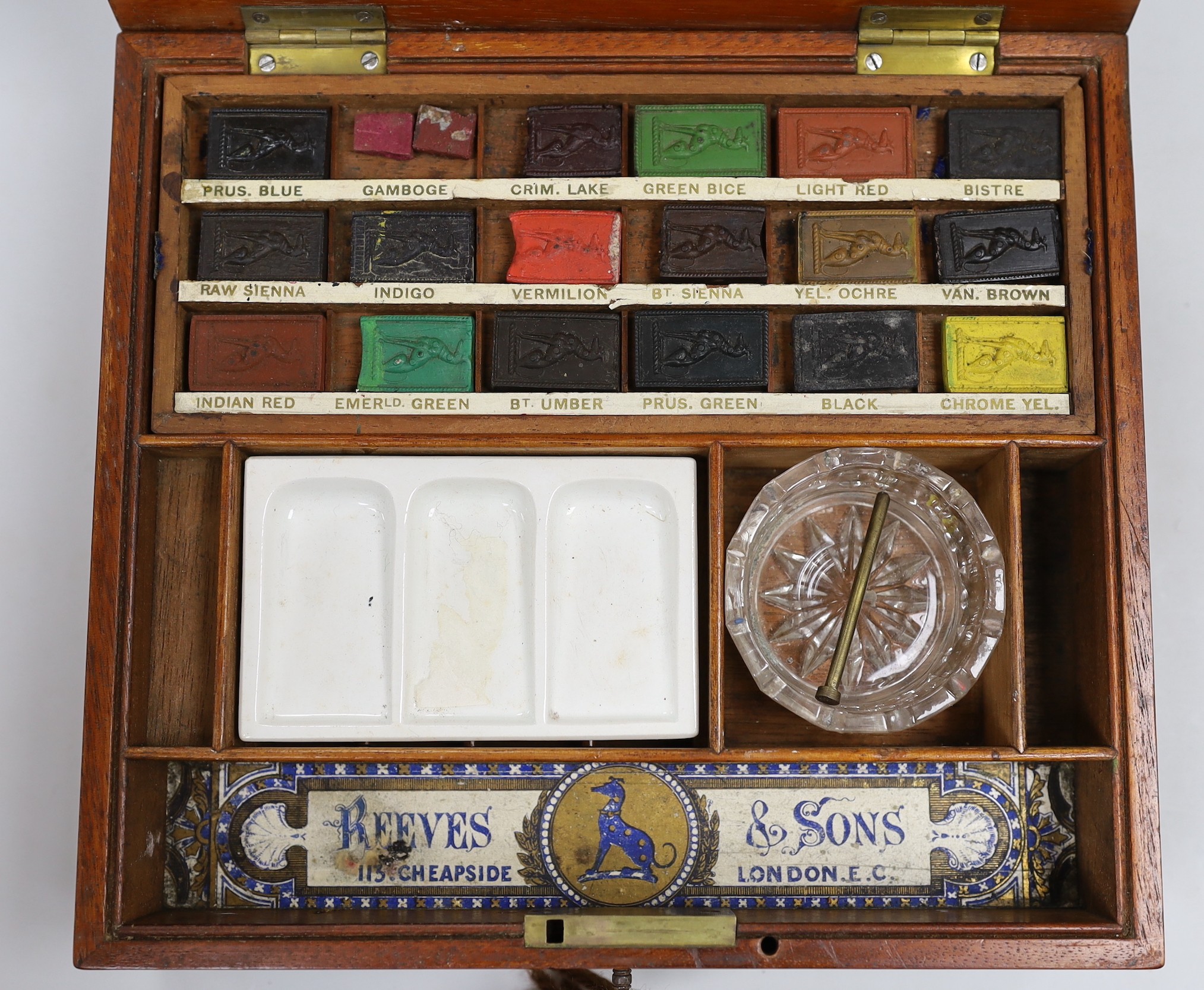 A Reeves & Sons mahogany cased watercolour set 23 cm